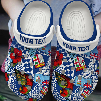 Fiji Clogs Shoes Custom Text Kula Parrot Flag Hibiscus Tribal Style