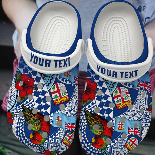 Fiji Clogs Shoes Custom Text Kula Parrot Flag Hibiscus Tribal Style