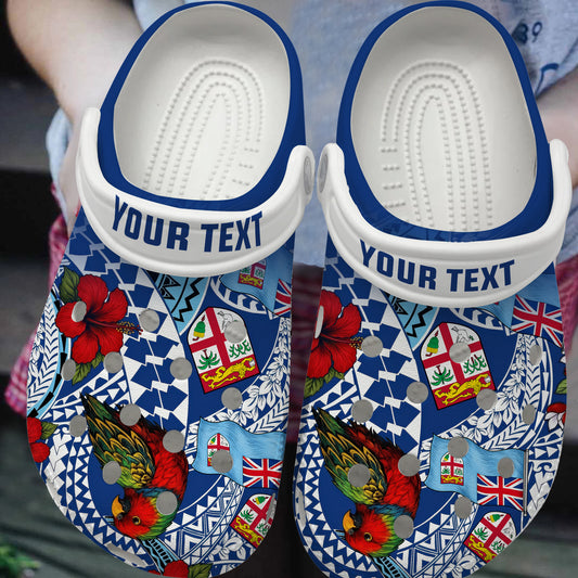 Fiji Clogs Shoes Custom Text Kula Parrot Flag Hibiscus Tribal Style