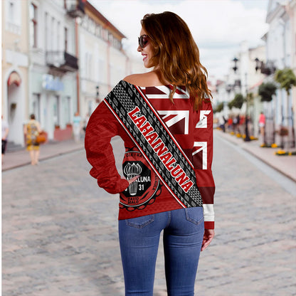 Hawaii Off Shoulder Sweatshirt Lahainaluna High School Half Flag Tribal Polynesia