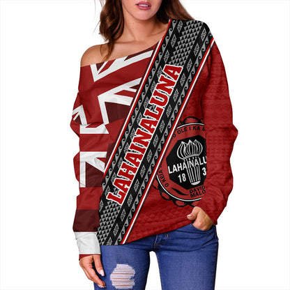 Hawaii Off Shoulder Sweatshirt Lahainaluna High School Half Flag Tribal Polynesia