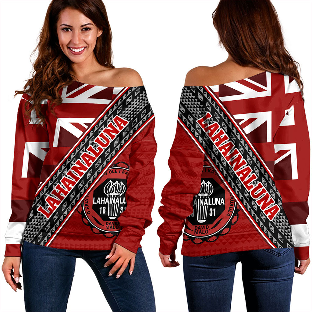 Hawaii Off Shoulder Sweatshirt Lahainaluna High School Half Flag Tribal Polynesia