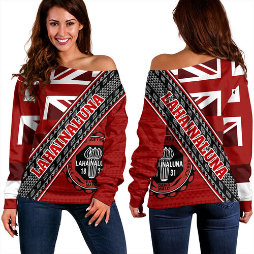 Hawaii Off Shoulder Sweatshirt Lahainaluna High School Half Flag Tribal Polynesia