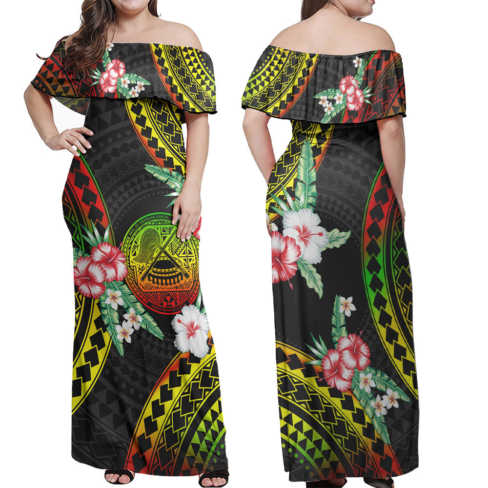 American Samoa Combo Off Shoulder Long Dress And Shirt Polynesian Pattern Reggae Color Hibiscus Flowers
