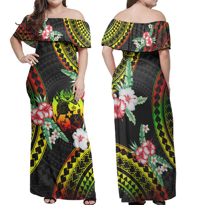 Tonga Combo Off Shoulder Long Dress And Shirt Polynesian Pattern Reggae Color Hibiscus Flowers