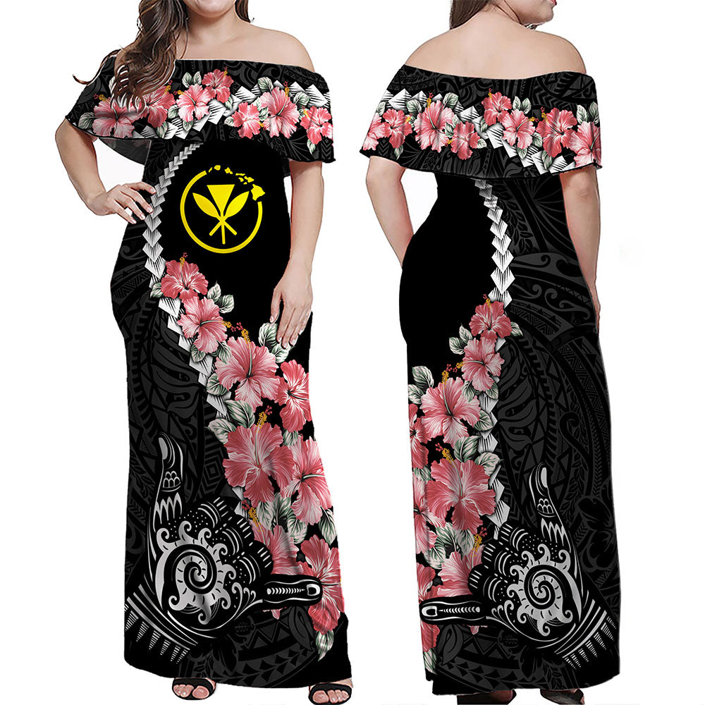 Hawaii Woman Off Shoulder Long Dress Shaka Hand Tropical Flowers Polynesian Designs