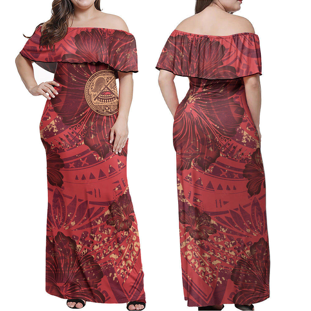 American Samoa Combo Off Shoulder Long Dress And Shirt Hibiscus With Polynesian Pattern Red Version
