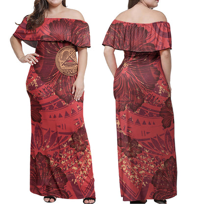 American Samoa Combo Off Shoulder Long Dress And Shirt Hibiscus With Polynesian Pattern Red Version