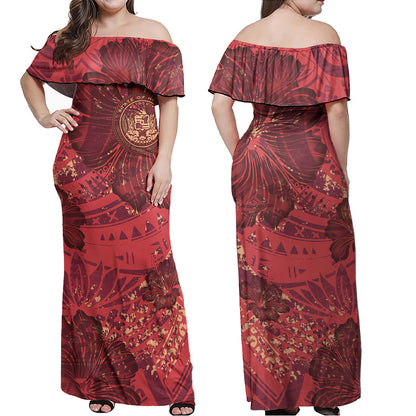 Hawaii Combo Off Shoulder Long Dress And Shirt Hibiscus With Polynesian Pattern Red Version
