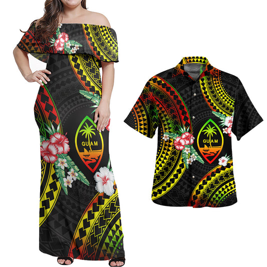 Guam Combo Off Shoulder Long Dress And Shirt Polynesian Pattern Reggae Color Hibiscus Flowers