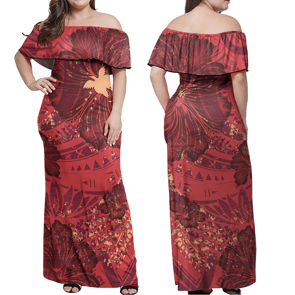 Papua New Guinea Combo Off Shoulder Long Dress And Shirt Hibiscus With Polynesian Pattern Red Version