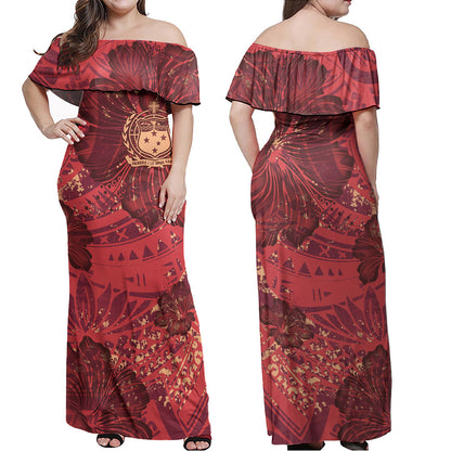 Samoa Combo Off Shoulder Long Dress And Shirt Hibiscus With Polynesian Pattern Red Version