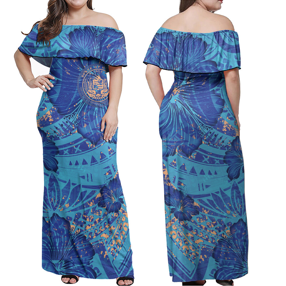 Hawaii Combo Off Shoulder Long Dress And Shirt Hibiscus With Polynesian Pattern Blue Version