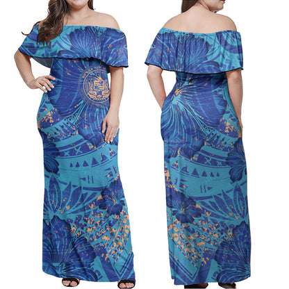 Hawaii Combo Off Shoulder Long Dress And Shirt Hibiscus With Polynesian Pattern Blue Version