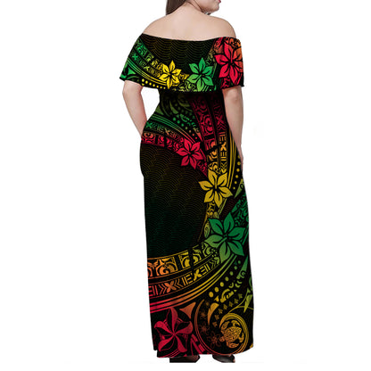 Vanuatu Woman Off Shoulder Long Dresses Tropical Flowers Traditional Tribal Patterns Style
