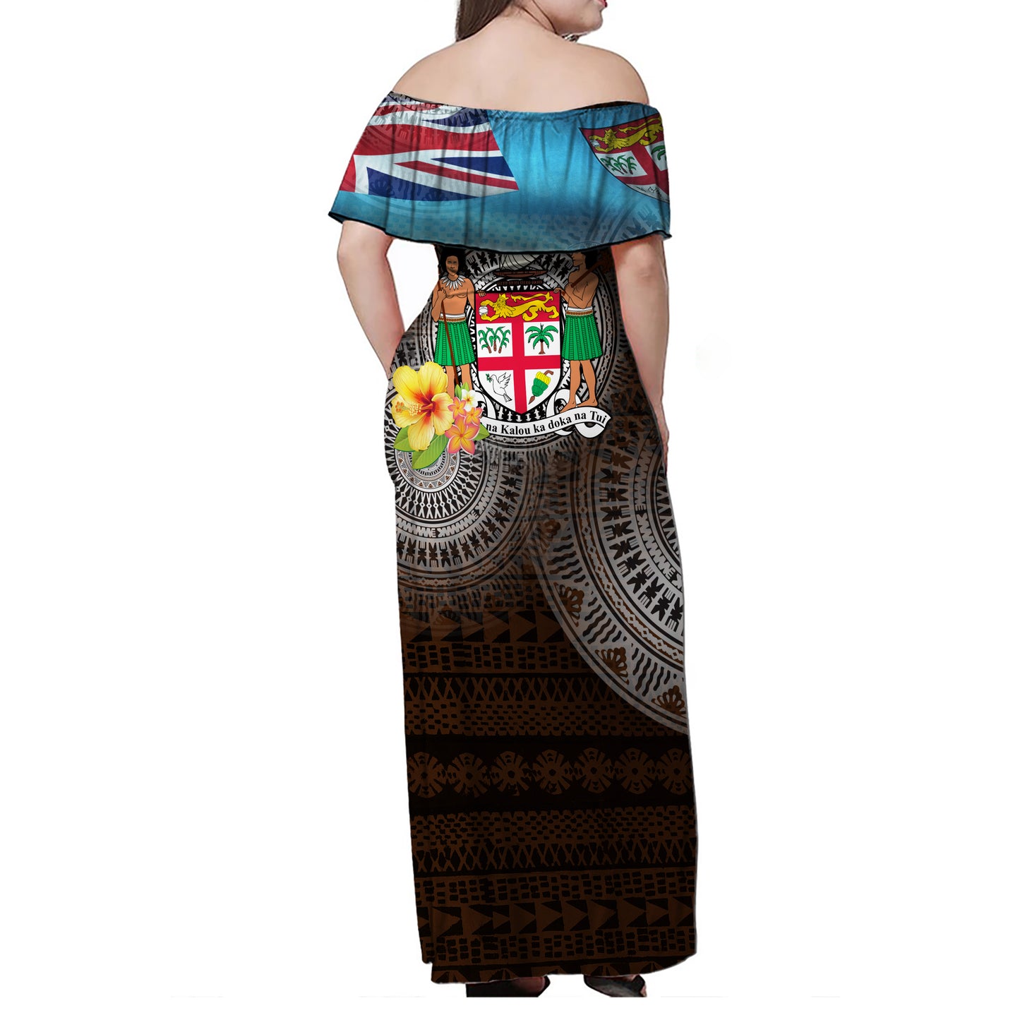 Fiji Woman Off Shoulder Long Dress Fiji Islanders Tapa Masi Design