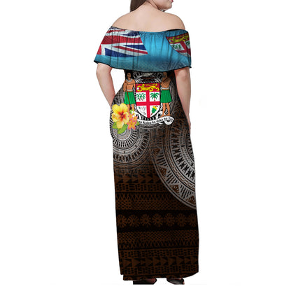 Fiji Woman Off Shoulder Long Dress Fiji Islanders Tapa Masi Design