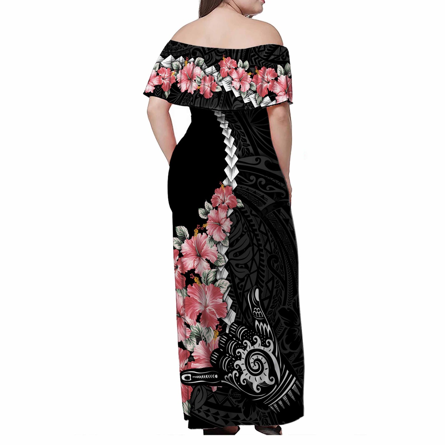 Hawaii Woman Off Shoulder Long Dress Shaka Hand Tropical Flowers Polynesian Designs
