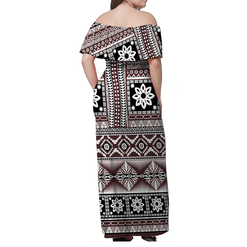 Fiji Woman Off Shoulder Long Dress Bula Fijian Masi Tapa Vintage Style
