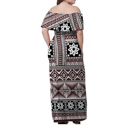 Fiji Woman Off Shoulder Long Dress Bula Fijian Masi Tapa Vintage Style