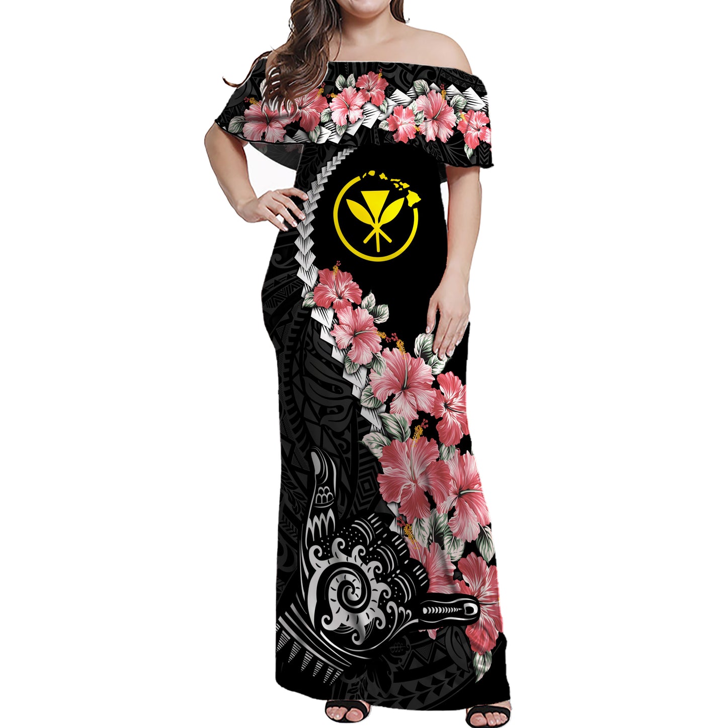 Hawaii Woman Off Shoulder Long Dress Shaka Hand Tropical Flowers Polynesian Designs