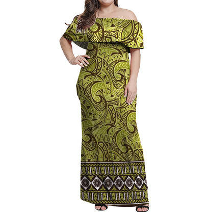 Fiji Woman Off Shoulder Long Dress Green Color Tapa Design