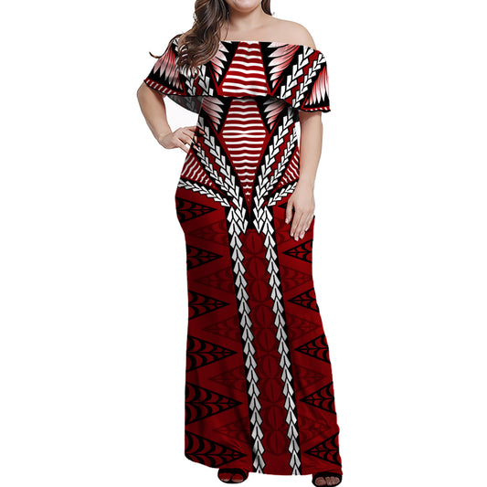 Tonga Off Shoulder Long Dress Tongan Ngatu Pattern