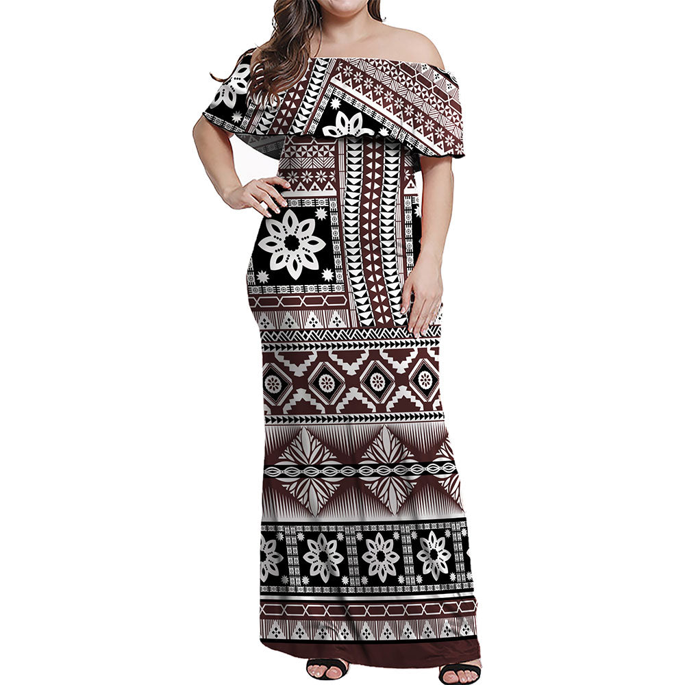 Fiji Woman Off Shoulder Long Dress Bula Fijian Masi Tapa Vintage Style