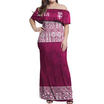 Fiji Woman Off Shoulder Long Dress Traditional Fijian Masi Pink Color