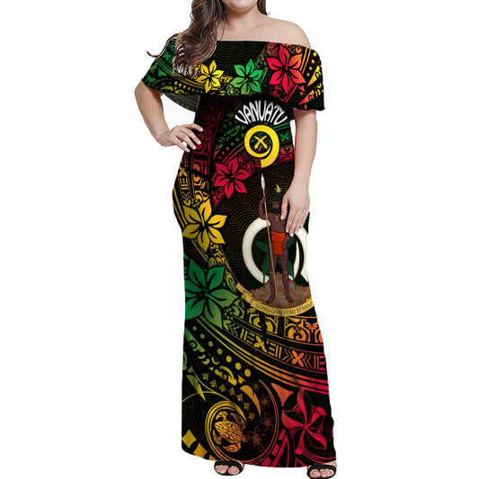 Vanuatu Woman Off Shoulder Long Dresses Tropical Flowers Traditional Tribal Patterns Style