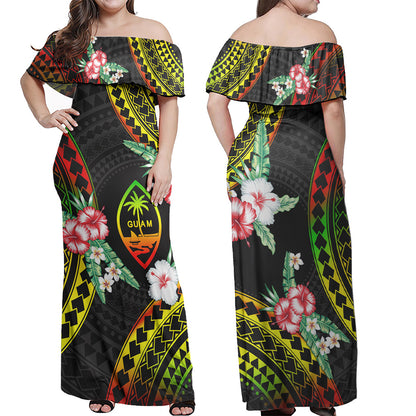 Guam Combo Off Shoulder Long Dress And Shirt Polynesian Pattern Reggae Color Hibiscus Flowers