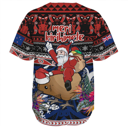 New Zealand Baseball Shirt Santa Riding Kiwi Bird Meri Kirihimete Ugly Christmas Maori Patterns