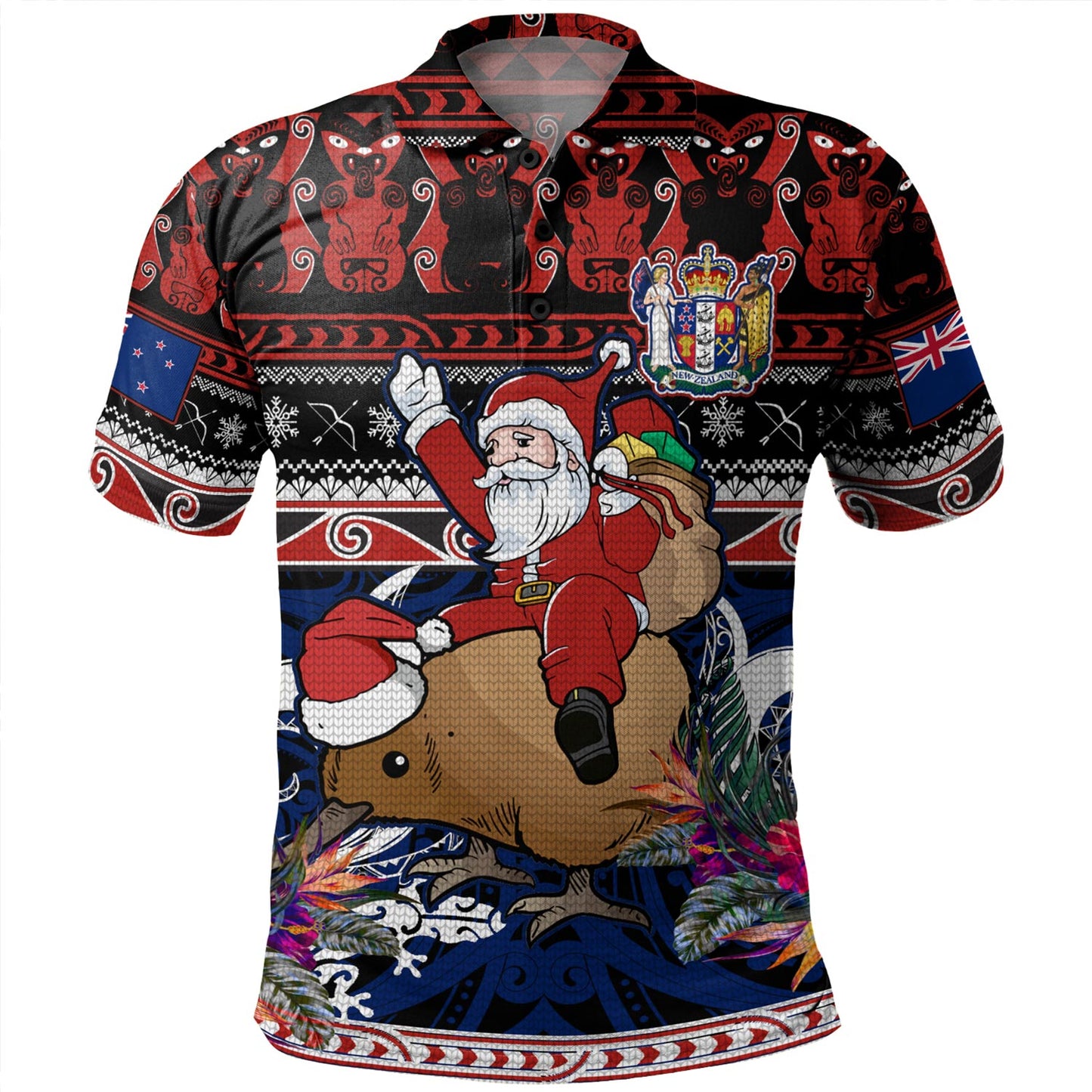 New Zealand Polo Shirt Santa Riding Kiwi Bird Meri Kirihimete Ugly Christmas Maori Patterns