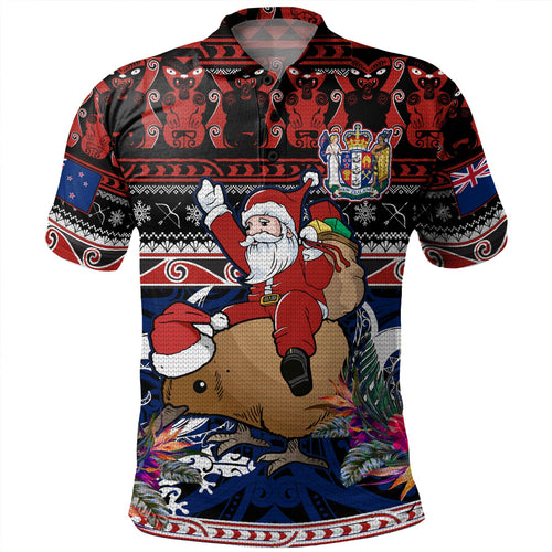 New Zealand Polo Shirt Santa Riding Kiwi Bird Meri Kirihimete Ugly Christmas Maori Patterns