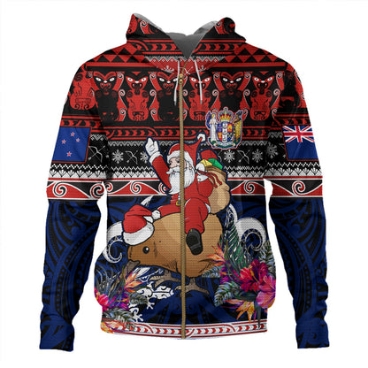 New Zealand Hoodie Santa Riding Kiwi Bird Meri Kirihimete Ugly Christmas Maori Patterns