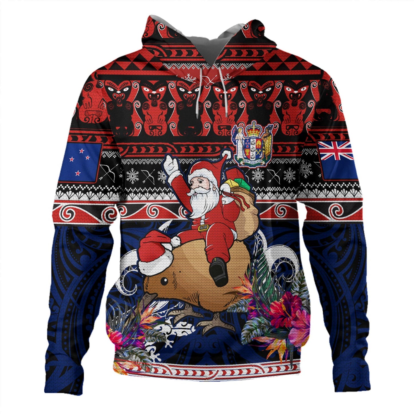 New Zealand Hoodie Santa Riding Kiwi Bird Meri Kirihimete Ugly Christmas Maori Patterns