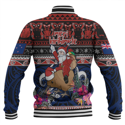 New Zealand Baseball Jacket Santa Riding Kiwi Bird Meri Kirihimete Ugly Christmas Maori Patterns