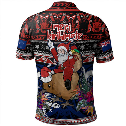 New Zealand Polo Shirt Santa Riding Kiwi Bird Meri Kirihimete Ugly Christmas Maori Patterns