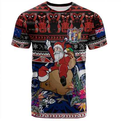 New Zealand T-Shirt Santa Riding Kiwi Bird Meri Kirihimete Ugly Christmas Maori Patterns