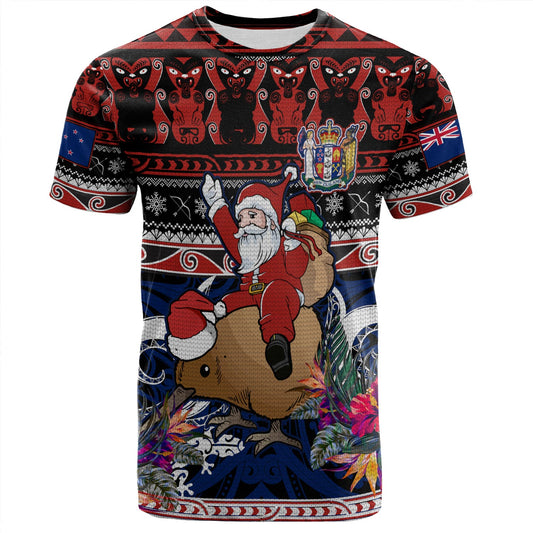 New Zealand T-Shirt Santa Riding Kiwi Bird Meri Kirihimete Ugly Christmas Maori Patterns