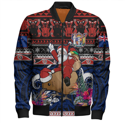 New Zealand Bomber Jacket Santa Riding Kiwi Bird Meri Kirihimete Ugly Christmas Maori Patterns
