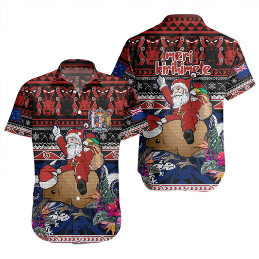 New Zealand Short Sleeve Shirt Santa Riding Kiwi Bird Meri Kirihimete Ugly Christmas Maori Patterns