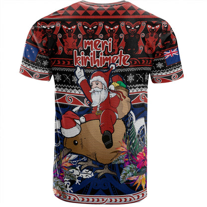 New Zealand T-Shirt Santa Riding Kiwi Bird Meri Kirihimete Ugly Christmas Maori Patterns