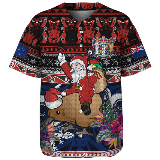 New Zealand Baseball Shirt Santa Riding Kiwi Bird Meri Kirihimete Ugly Christmas Maori Patterns