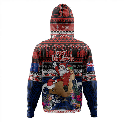 New Zealand Hoodie Santa Riding Kiwi Bird Meri Kirihimete Ugly Christmas Maori Patterns