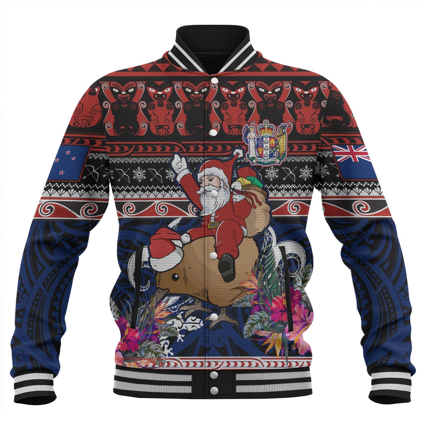 New Zealand Baseball Jacket Santa Riding Kiwi Bird Meri Kirihimete Ugly Christmas Maori Patterns