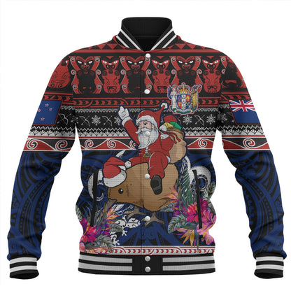 New Zealand Baseball Jacket Santa Riding Kiwi Bird Meri Kirihimete Ugly Christmas Maori Patterns