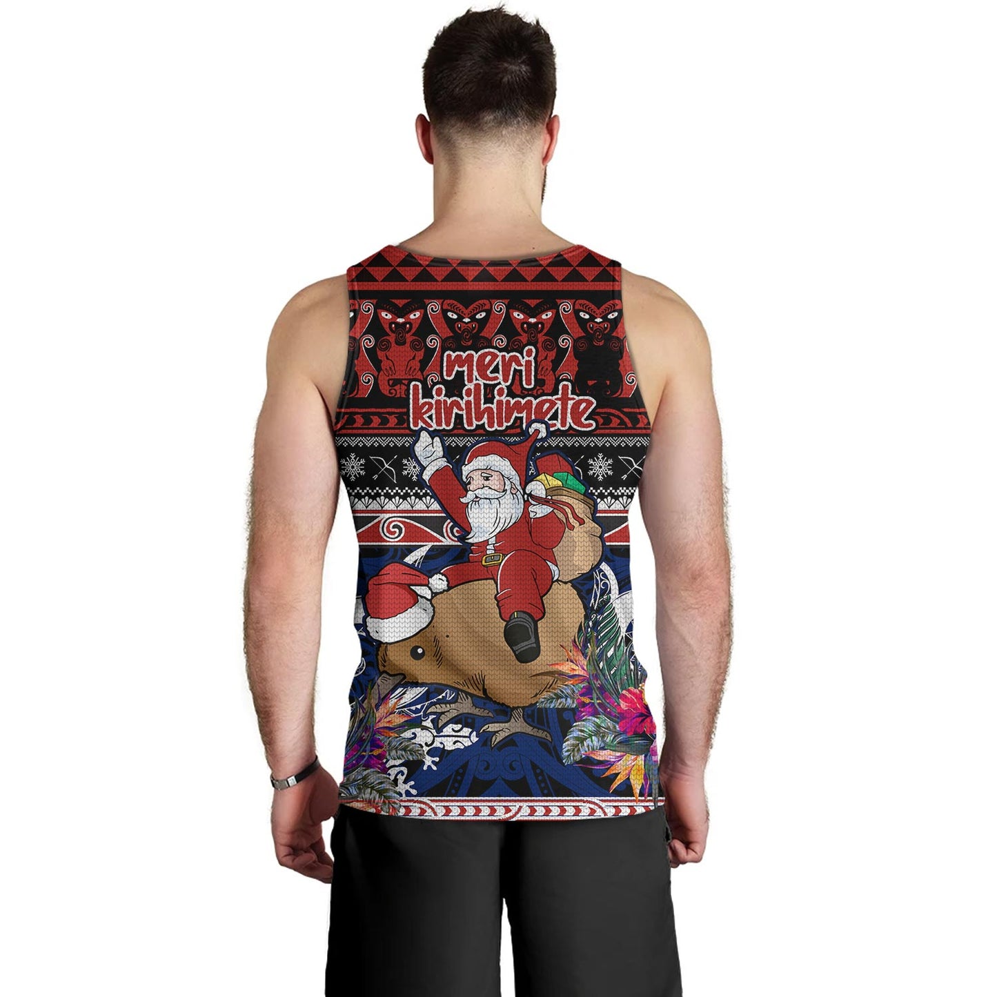 New Zealand Tank Top Santa Riding Kiwi Bird Meri Kirihimete Ugly Christmas Maori Patterns