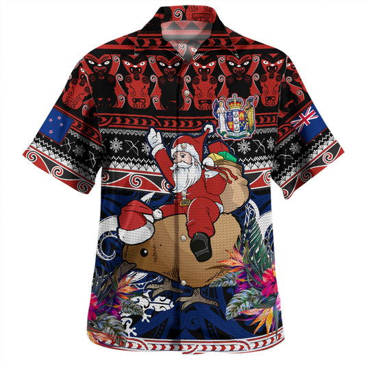 New Zealand Hawaiian Shirt Santa Riding Kiwi Bird Meri Kirihimete Ugly Christmas Maori Patterns