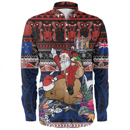 New Zealand Long Sleeve Shirt Santa Riding Kiwi Bird Meri Kirihimete Ugly Christmas Maori Patterns